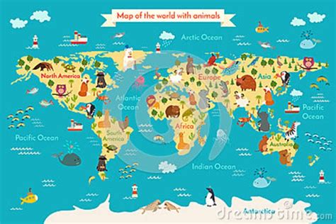 Funny Pictures On All Continents Animals World Map Stock Vector