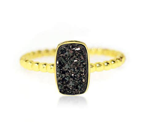Vertical Rectangle Sapphire Black Druzy 14k Gold Ring Ambrosia