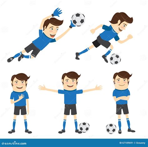 Set Of Funny Soccer Football Player Wearing Blue T Shirt Running Stock