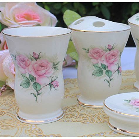Ustarail Ceramic Bathroom 5 Pieces Set Supplies Pink Elegant Rose