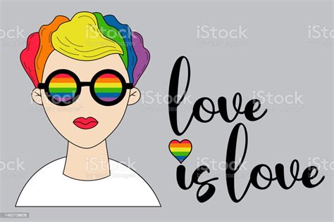Lgbt Pride Month Lesbian Girl With Rainbow Hair And Glasses In Rainbow Colors Flag Lgbt Pride