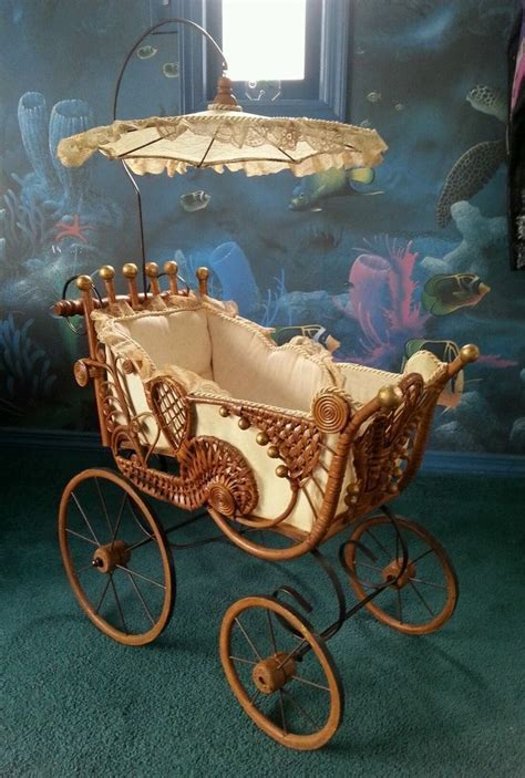 Rare Antique Baby Doll Carriage Buggy Stroller Pram Wicker Lace With Parasol In With