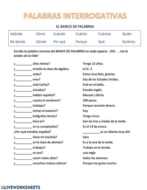 Palabras Interrogativas Worksheet In Spanish Teaching Resources