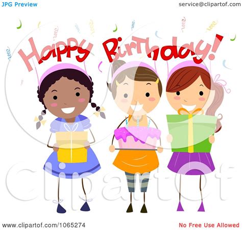 Clipart Happy Birthday Girls Holding Cake And Presents Royalty Free