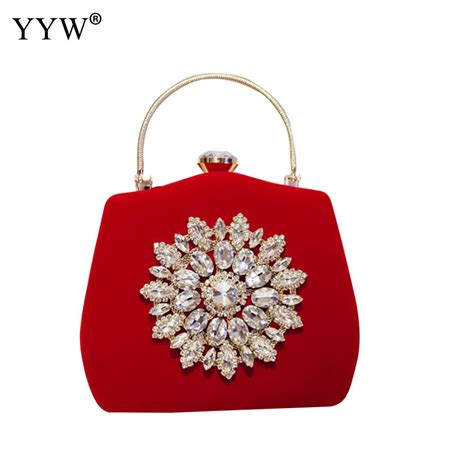Red Vintage Rhinestone Clutch Bag Elegant Top Handle Handbag Crystal