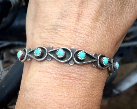 Zuni Snake Eye Turquoise Narrow Row Cuff Stacking Bracelet Vintage