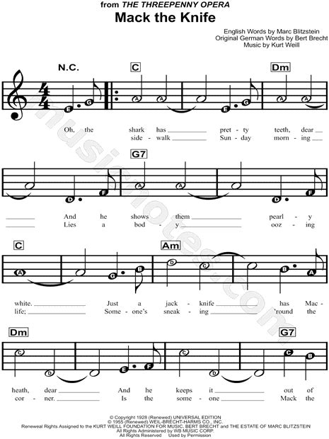 Bobby Darin Mack The Knife Sheet Music For Beginners In C Major Download And Print Sku