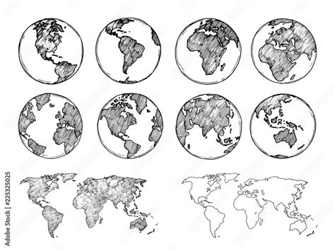 Globe Sketch Hand Drawn Earth Planet With Continents And Oceans