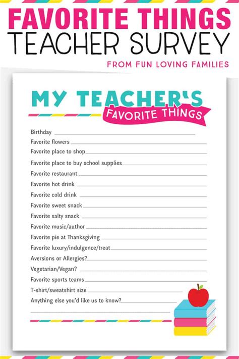 Teacher Favorite Things Printable Questionnaire For