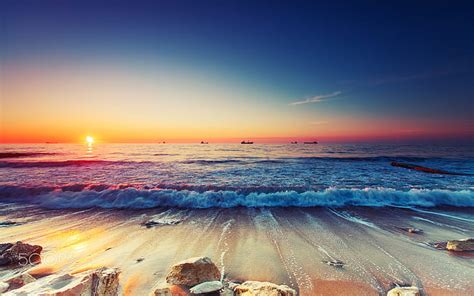 Hd Wallpaper Sunrise Over The Horizon Sea Ships Sandy Beach Waves