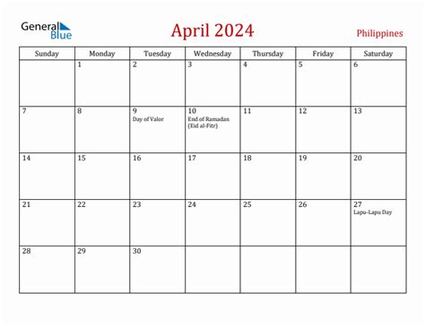 April 2024 Monthly Calendar With Philippines Holidays