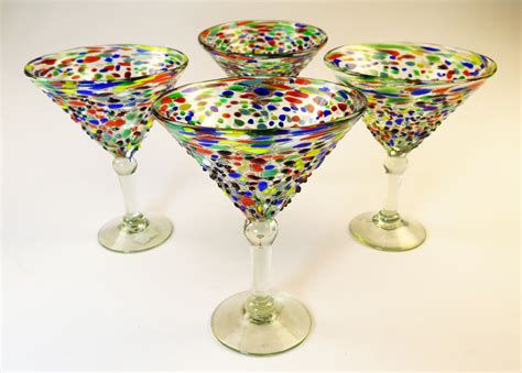 Mexican Glass Pebble Confetti Martini 14oz Set Of Four Eye4art Handmade Drinking Glasses