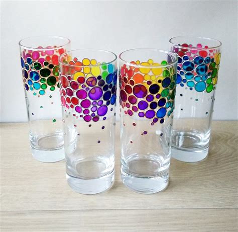 Rainbow Drinking Glasses Set Of 4 Hand Painted Colored Etsy Glass Painting Designs Glass