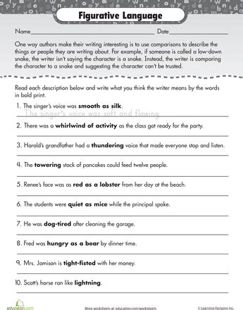 Choose the correct type of figurative language for each sentence below. 8th Grade Figurative Language Worksheets With Answers ...