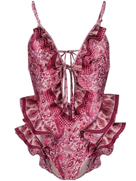 Zimmermann Ruffled Paisley Print Swimsuit Pink Print Swimsuit