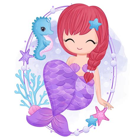 Cute Little Mermaid In Watercolor Illustration 7332681 Vector Art At