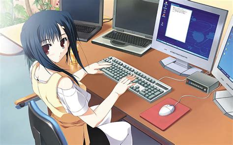 Gadis Yang Bekerja Di Komputer Karakter Anime Wanita Memegang Keyboard