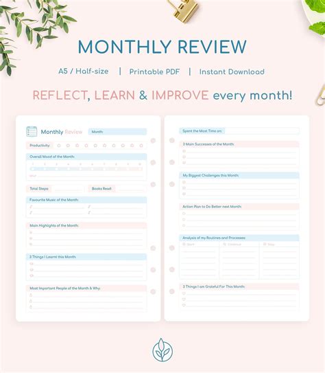 Monthly Review A5 Half Size Monthly Reflection Pdf Etsy Planner