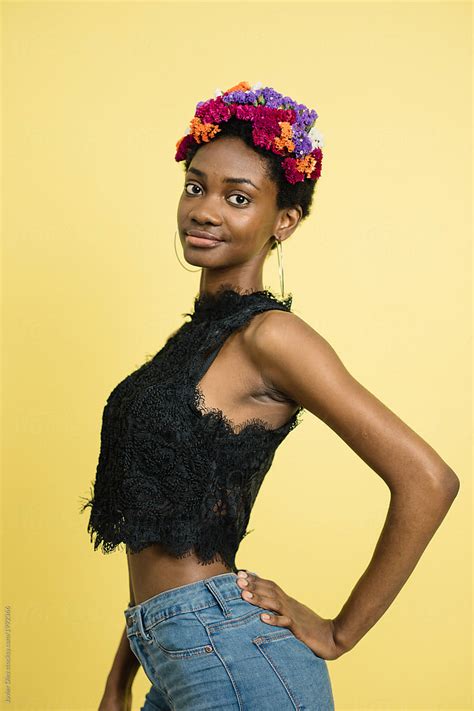 Sensual Skinny Black Model In Flowers By Stocksy Contributor Javier Díez Stocksy