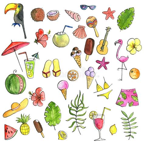 Summer Tropical Beach Doodle Set Stock Illustration Illustration Of