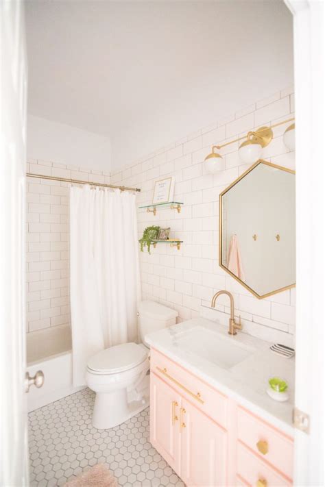 Modern Glam Blush Girls Bathroom Design Gold Hexagon Mirror Blush