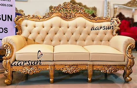 Latest wooden sofa design 2020 | marriott wooden sofa 3+1+1 set by wooden street. Antique Gold Sofa in Teak Wood YT-302