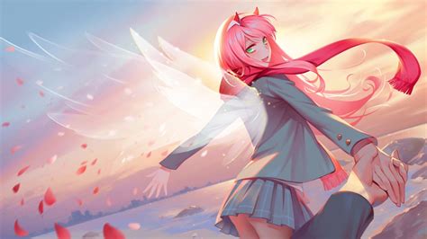 Darling In The Franxx Zero Two With Wings With Background Of Sunrise