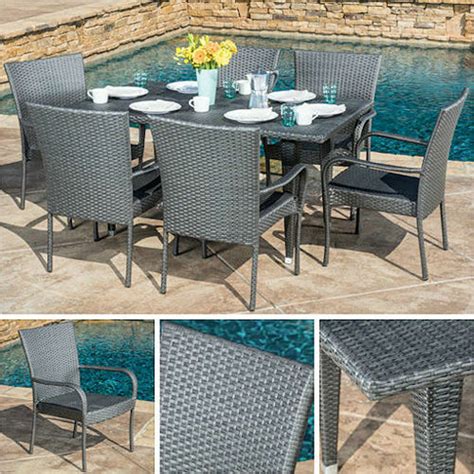 Weather resistant + uv protection. Outdoor Dining Set Gray 7pc Wicker Patio Furniture Table ...