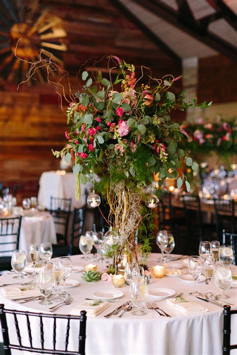 Tall Curly Willow Greenery And Pink Floral Centerpieces Wedding