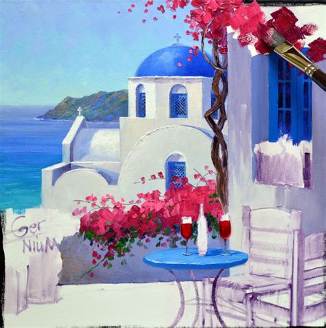 Romance In Santorini Greece Painting Watercolor Architecture Canvas