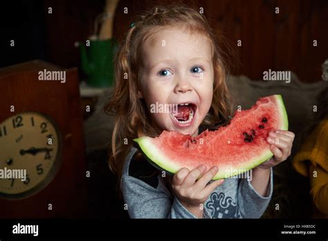 Funny Kids Eating Watermelon Child Healthy Eating Happy Stock Photo