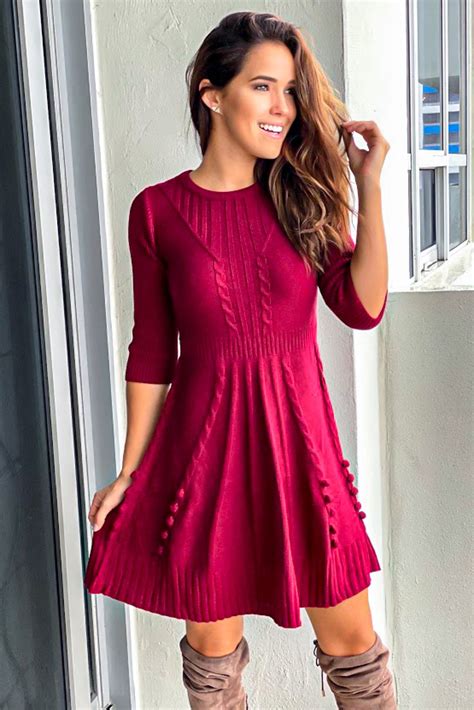 Burgundy Sweater Dress With Button Detail Short Dresses Saved By