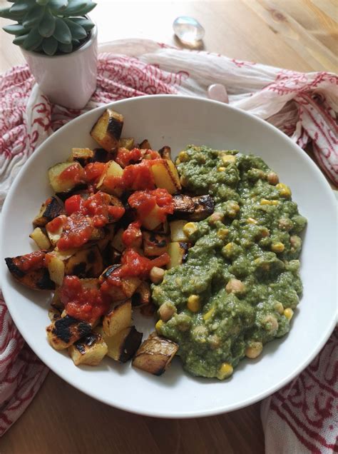 Patatas Bravas With Chickpea In Spinach Sauce