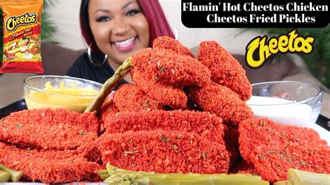 Flamin Hot Cheetos Chicken Wings Hot Cheetos Fried Pickles With Cheese Sauce Mukbang Youtube