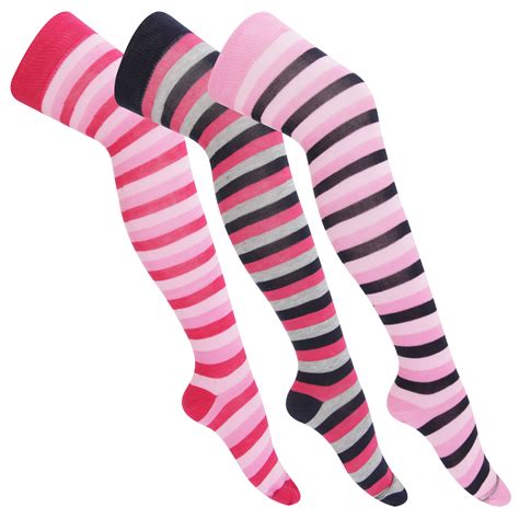 Womensladies Striped Knee High Socks Pack Of 3 Ebay