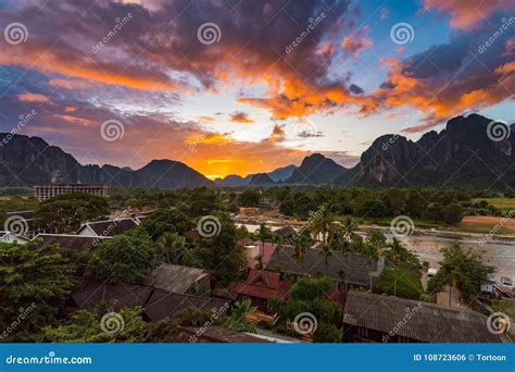 Landscape Viewpoint And Beautiful Sunset At Vang Vieng Laos Stock