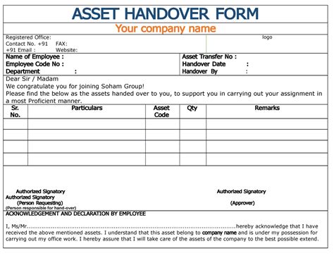 Asset Handover Form Template Excel Hq Printable Documents Images And