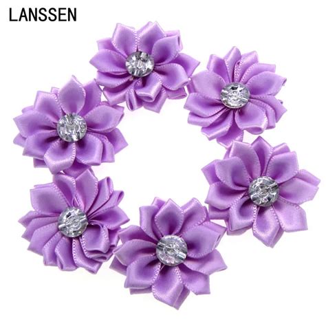 buy 12pcs purple satin ribbon flowers with rhinestone multilayers fabric