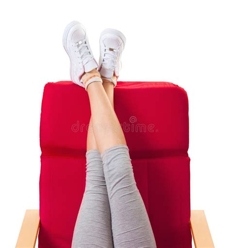 Girl Resting In The Red Chair With Her Legs Up Stock Image Image Of