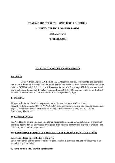 Tp 1 Concurso Y Quiebra Tp Obligatorio Trabajo Practico Nº1