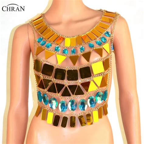 chran gold tone mirror perspex crop top chainmail bra halter necklace body lingerie metallic