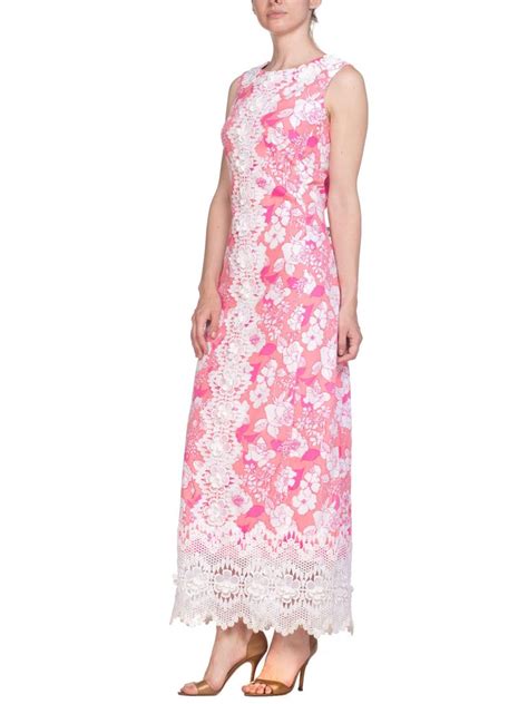 1960s Lilly Pulitzer Pink Floral Sleeveless Dress With Floral Lace At