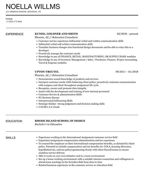 Relocation Consultant Resume Samples | Velvet Jobs