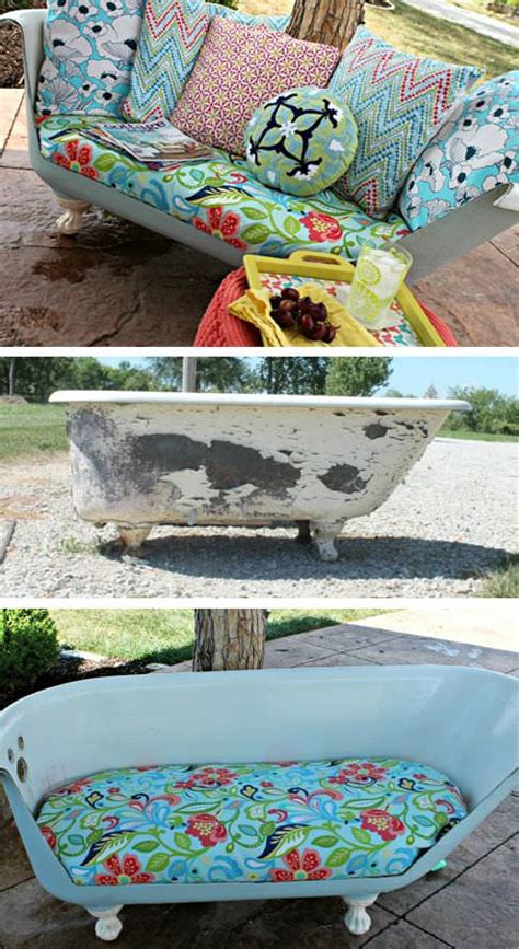 Distressed freestanding bathtub with vintage gold faucet. Old Bathtub Recycled Into a Design Sofa | Creative Spotting