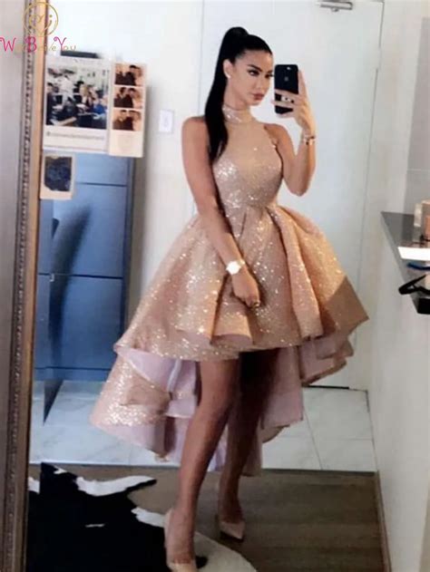 Elegant Rose Gold High Neck Prom Dresses 2020 Sexy Short Front Long