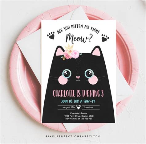 Editable Kitten Birthday Invitation Cat Birthday Party Invitation Are