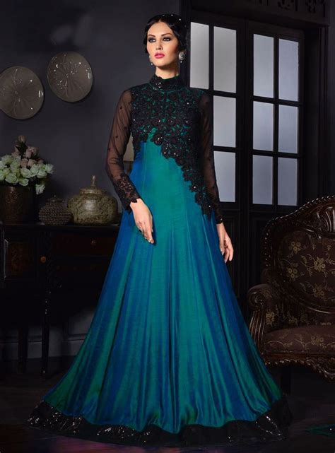 Teal Satin Silk Party Wear Gown 80629 Gown Party Wear Party Wear