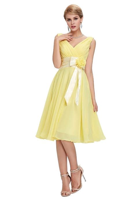 A Line V Neck Sleeveless Short Yellow Chiffon Bridesmaid Dress With Bow