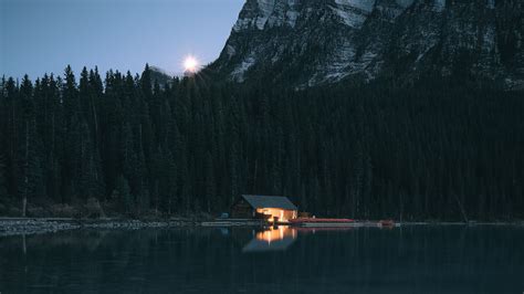 Download Wallpaper 1920x1080 Lake Coast House Mountain Forest Night Full Hd Hdtv Fhd