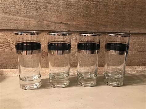 Set Of Four Silver And Black Stripe Glass Tumblers Highball Etsy Canada Bar Glasses Glass